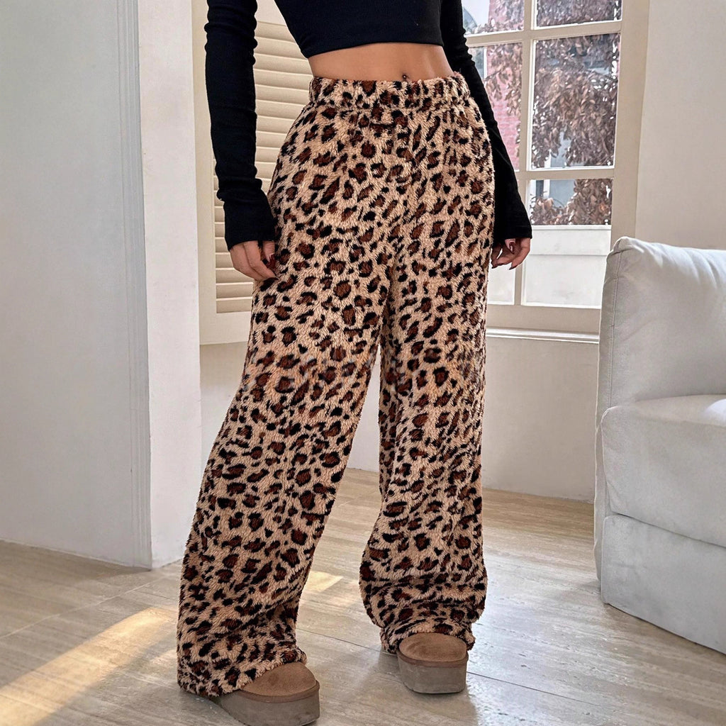 Women's Leopard-Print Plush Wide-Leg Pants Trousers