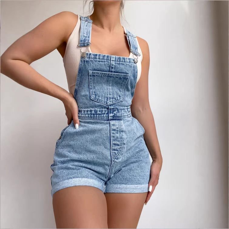Retro Light Blue Denim Overalls Shorts For Women