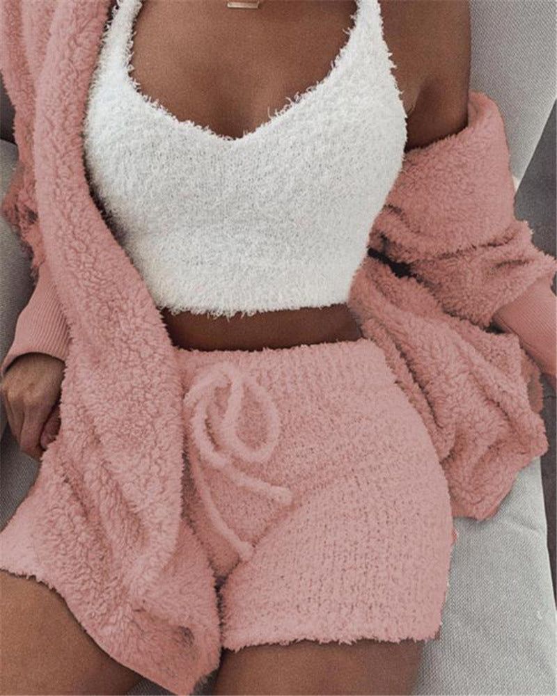 3pcs Womens Clothing Long Sleeve Crop Tank Top And Drawstring Shorts Paj...