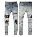 Heavy-Duty Washed Distressed Denim Jeans With Embroidery For Men
