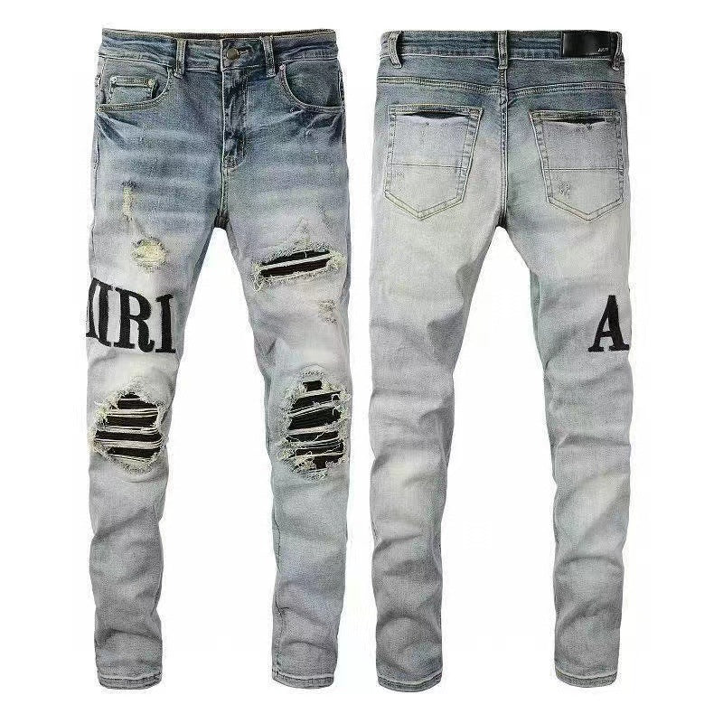 Heavy-Duty Washed Distressed Denim Jeans With Embroidery For Men