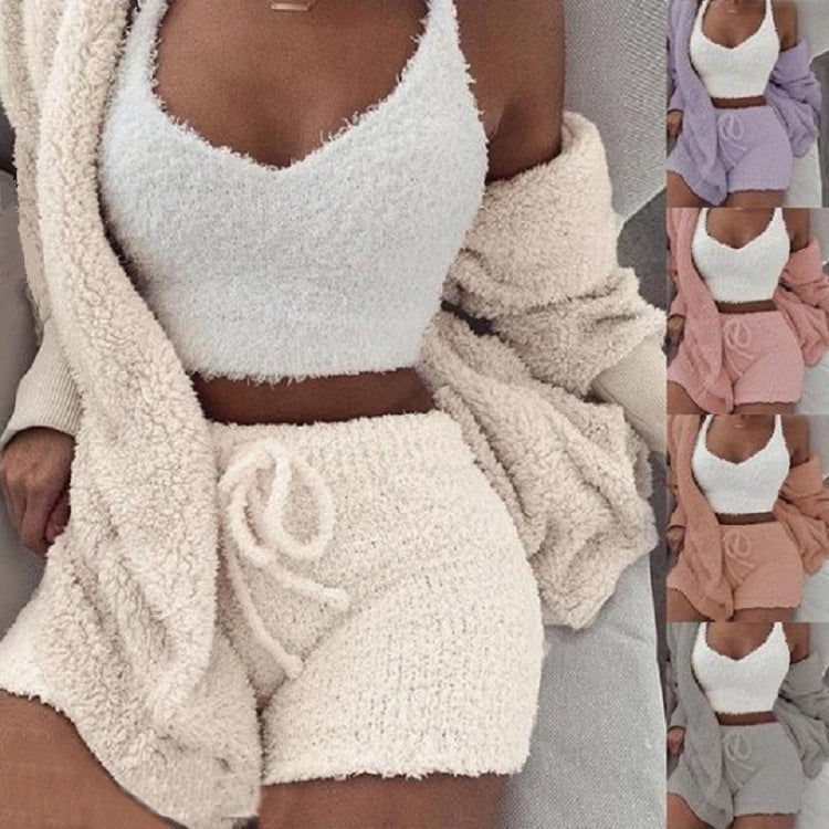 3pcs Womens Clothing Long Sleeve Crop Tank Top And Drawstring Shorts Paj...