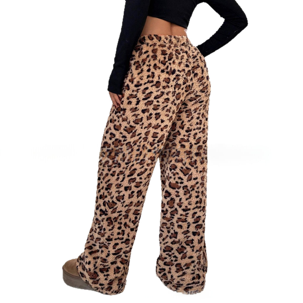 Women's Leopard-Print Plush Wide-Leg Pants Trousers
