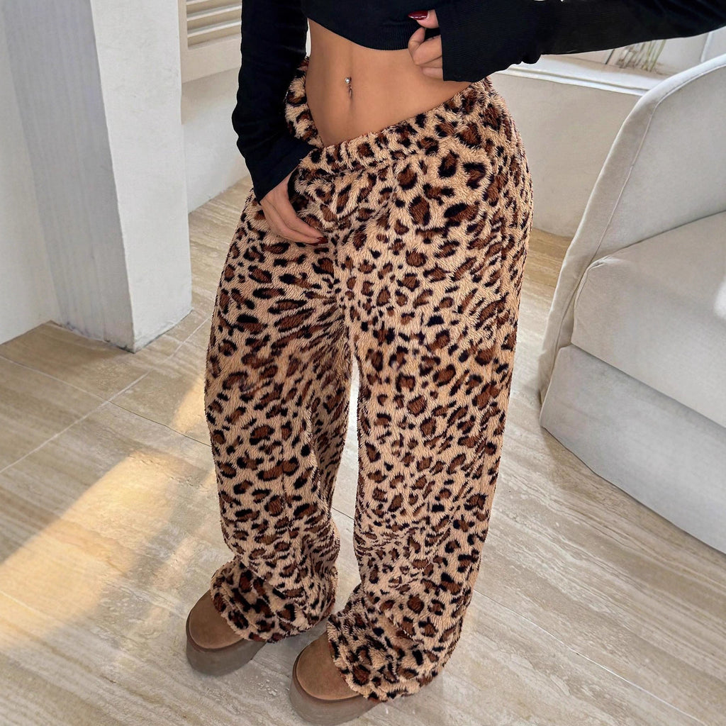 Women's Leopard-Print Plush Wide-Leg Pants Trousers