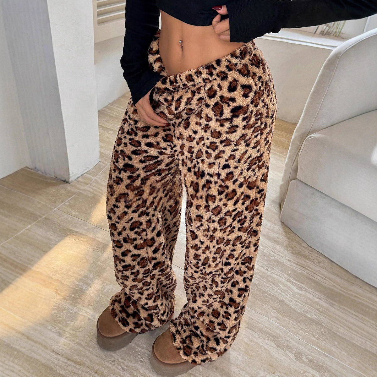 Women's Leopard-Print Plush Wide-Leg Pants Trousers