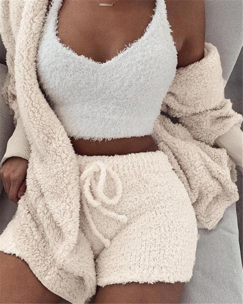 3pcs Womens Clothing Long Sleeve Crop Tank Top And Drawstring Shorts Paj...