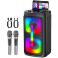 4-Inch Portable Bluetooth Karaoke Machine Speaker - Wireless Stereo PA System With 2 Mics, LED Lights, Control Panel, USB Port, SD Card, AUX Connections, Audio Recording, Built-in Battery, Lightweight