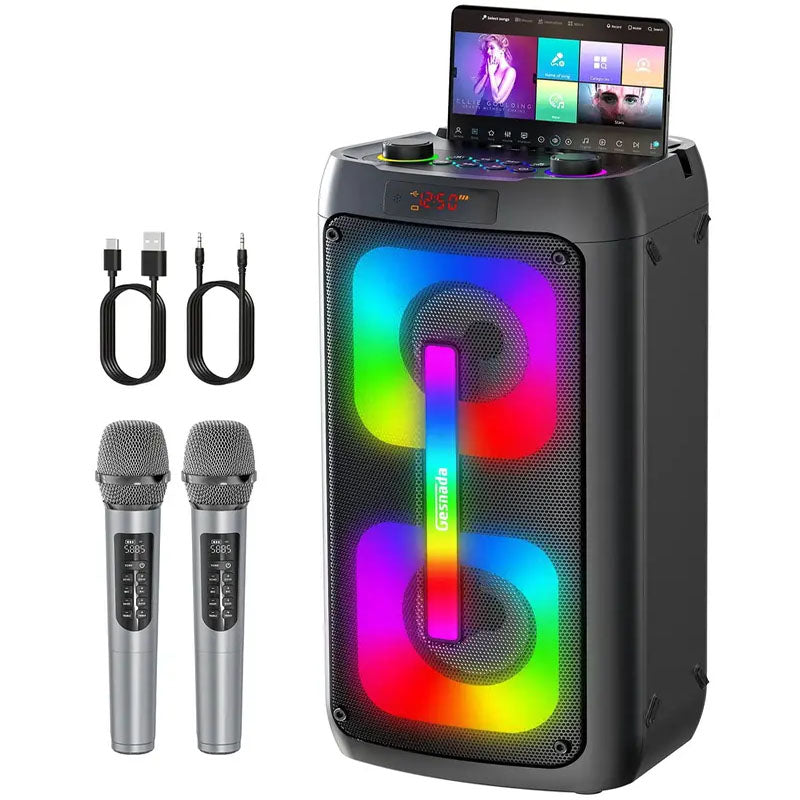4-Inch Portable Bluetooth Karaoke Machine Speaker - Wireless Stereo PA System With 2 Mics, LED Lights, Control Panel, USB Port, SD Card, AUX Connections, Audio Recording, Built-in Battery, Lightweight