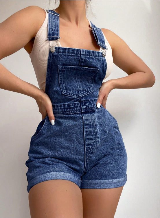Retro Light Blue Denim Overalls Shorts For Women