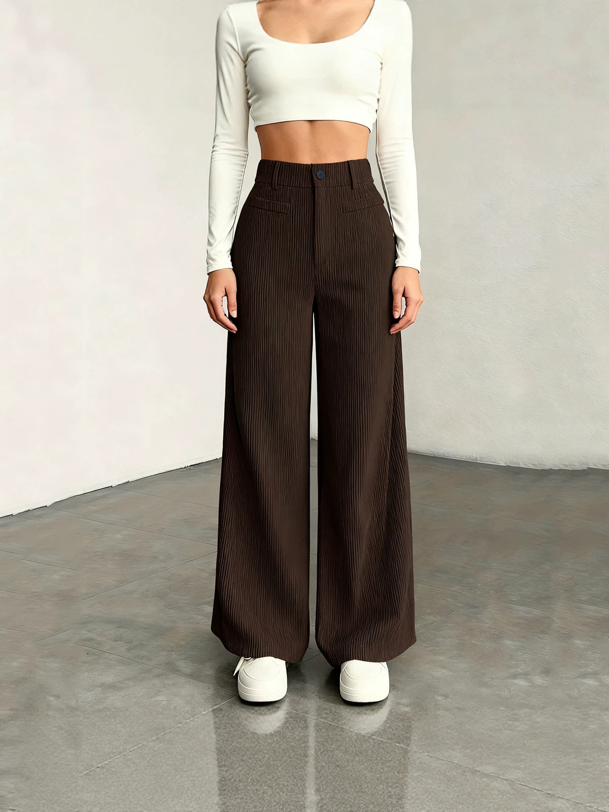 European And American Style, Autumn Collection, Solid-color Wide-leg Pants, High-waisted, With Faux Pockets, Flowing Straight-leg Design, Casual And Versatile, Suitable For Work And Everyday Wear, Wom