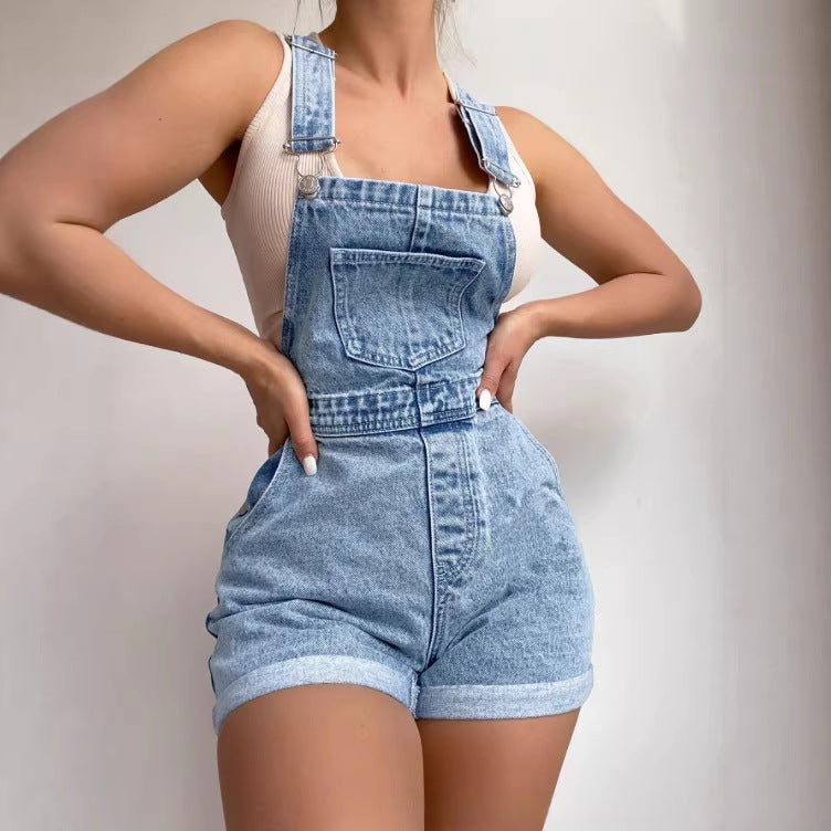 Retro Light Blue Denim Overalls Shorts For Women