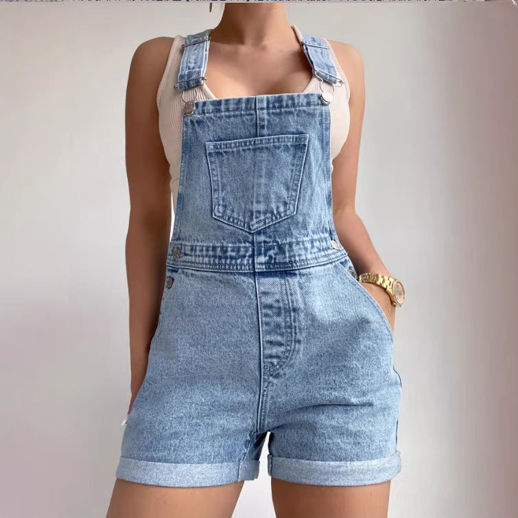 Retro Light Blue Denim Overalls Shorts For Women