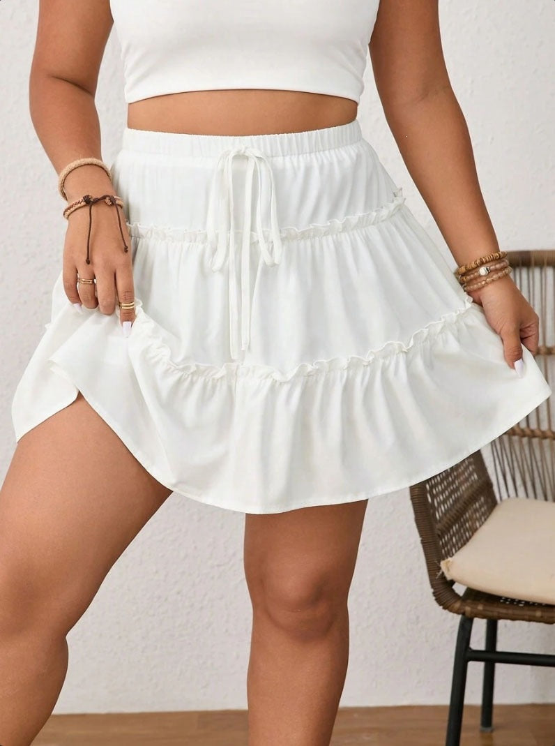 Summer Plus Size Sweet Tiered Skirt With Adjustable Tie, Fake Two-Piece Anti-Chafing Skirt