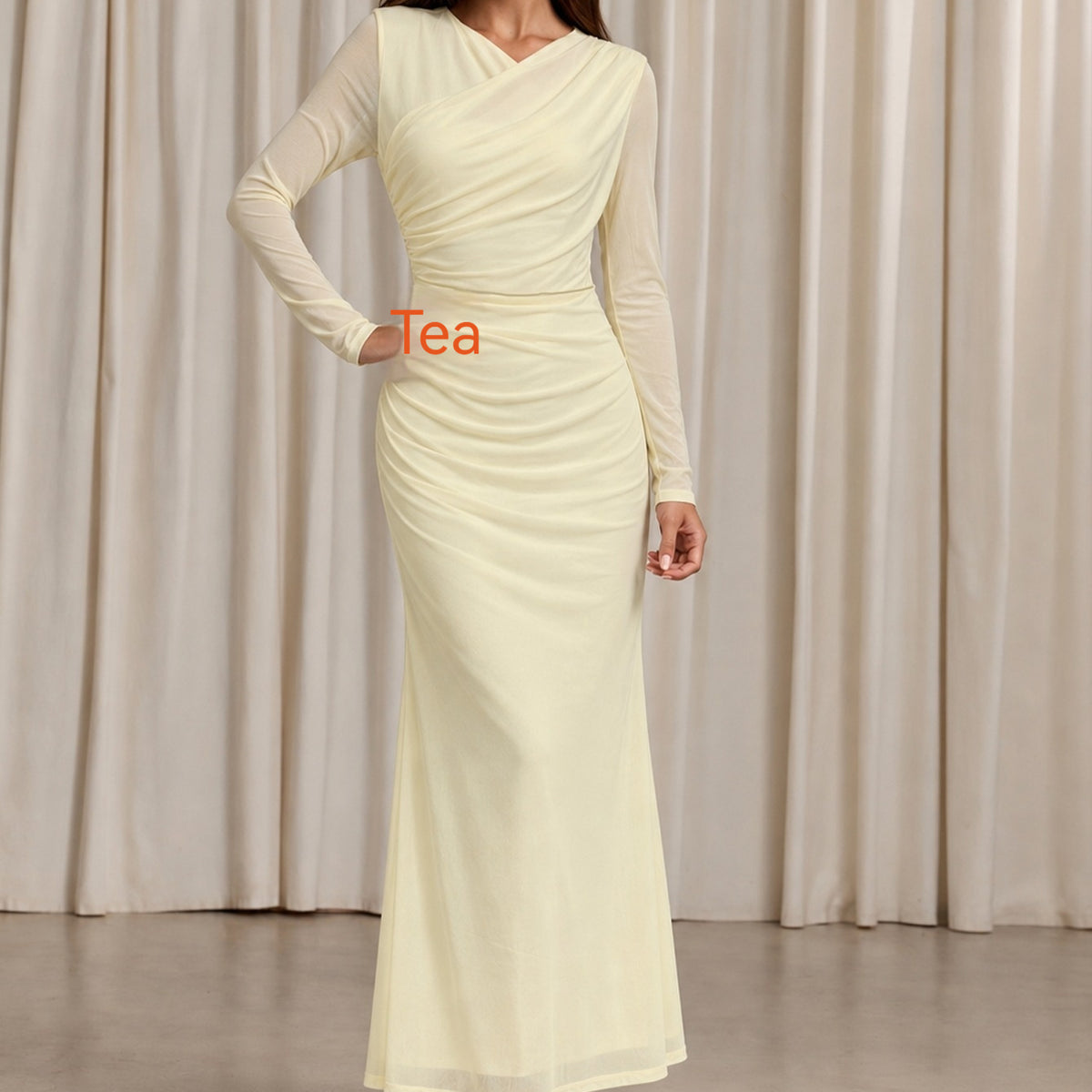 Asymmetrical-neck Mesh Long-sleeve Slim-fit Sheath Mermaid Maxi Dress