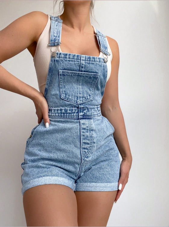 Retro Light Blue Denim Overalls Shorts For Women