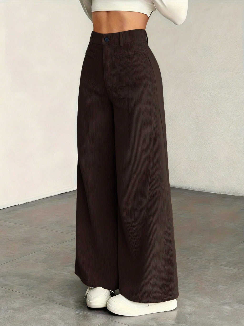 European And American Style, Autumn Collection, Solid-color Wide-leg Pants, High-waisted, With Faux Pockets, Flowing Straight-leg Design, Casual And Versatile, Suitable For Work And Everyday Wear, Wom