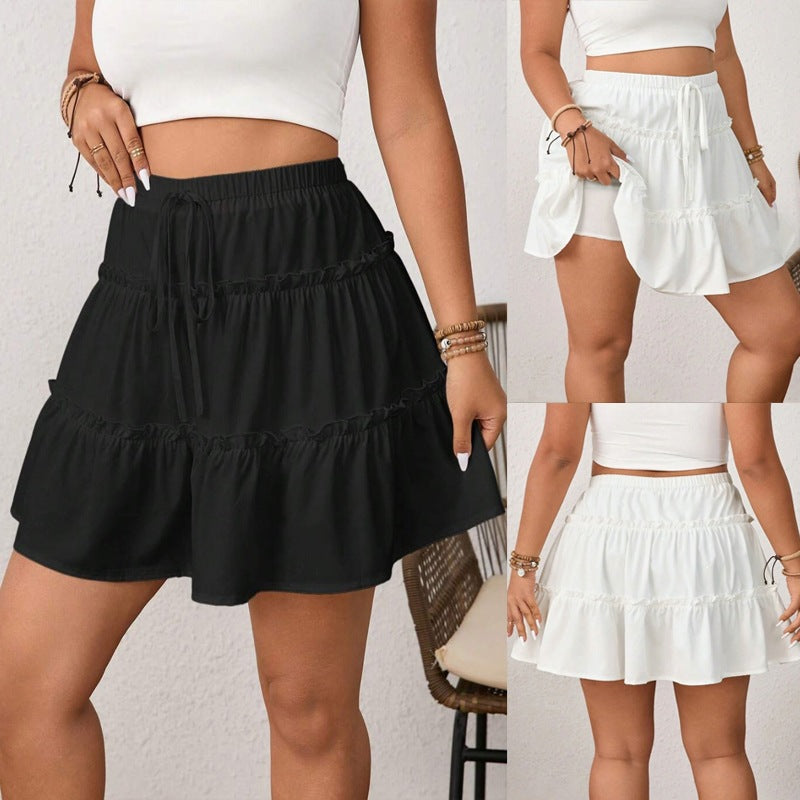 Summer Plus Size Sweet Tiered Skirt With Adjustable Tie, Fake Two-Piece Anti-Chafing Skirt