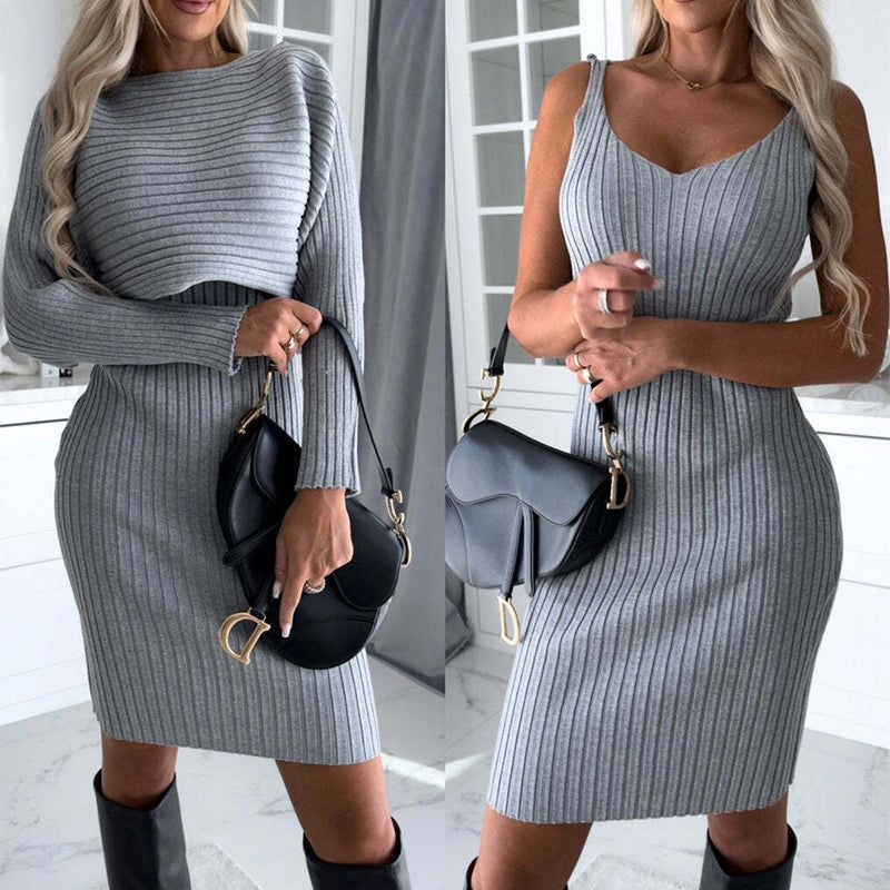 2pcs Suit Women's Solid Stripe Long-Sleeved Top & Suspender Skirt Set