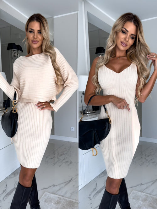 2pcs Suit Women's Solid Stripe Long-sleeved Top And Tight Suspender Skir...