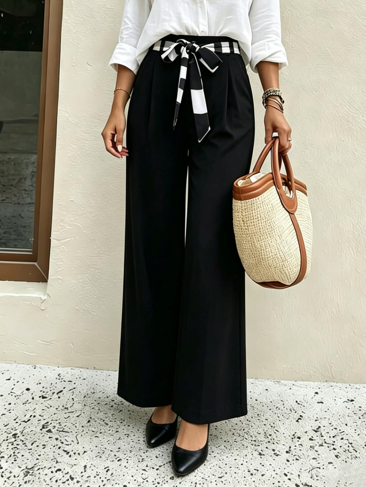 Women's High Waist Wide Leg Suit Pants, Tie Bow Waistband Pleated Dress Trousers, Elegant Office Work Pants